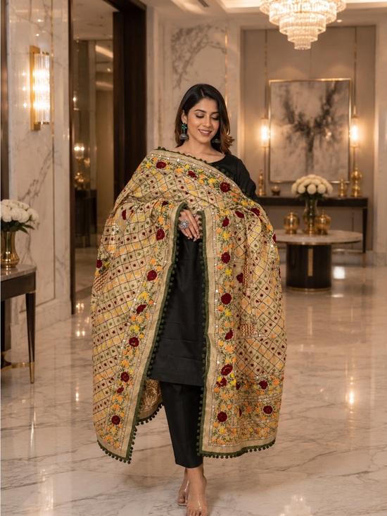 Other - Shawl Green Pom Pom long Duppatta Raw Silk handmade mirror and thread scarf long